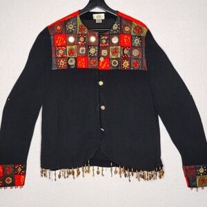 Vintage SANDY STARKMAN Jacket‎ Black Embellished Leather Patchwork SZ XL #883
